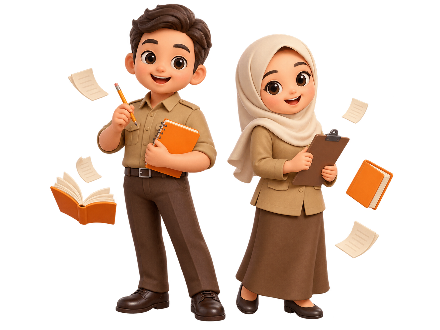 Guru perempuan berhijab dan guru laki-laki tersenyum membawa buku serta perangkat ajar